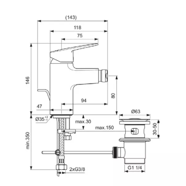 Baterie bideu Ideal Standard Ceraplan cu ventil BD248AA - Img 4
