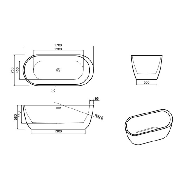 Cada de baie PORTO 503B, Dimensiune 170x75cm, Culoare Alb, Deversor Auriu - Img 4