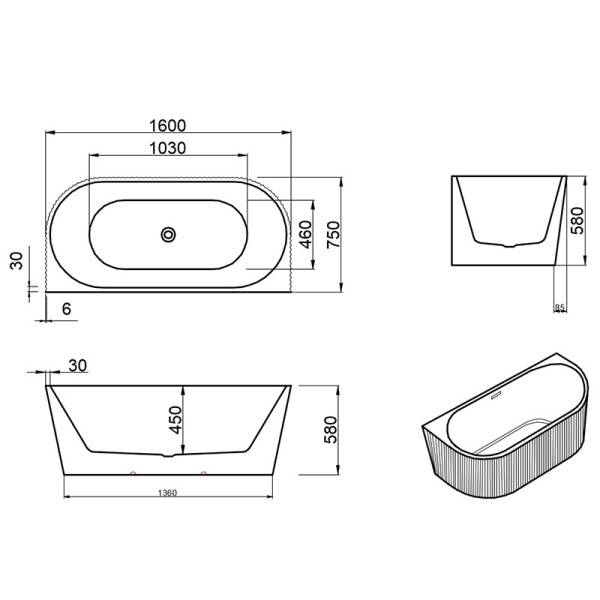 Cada de baie suport CARLO 571C, Dimensiune 160x75cm, Design Elegant, Culoare Albb, Deversor Alb - Img 9
