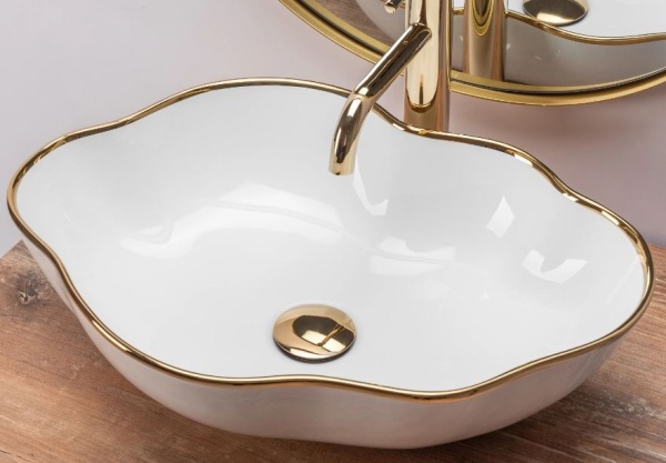 Chiuveta de blat REA ERA PEARL GOLD, Dimensiuni 51.5x 37.5 x13.5cm, Forma asimetrica, Ceramica sanitara, Alb Auriu - Img 5