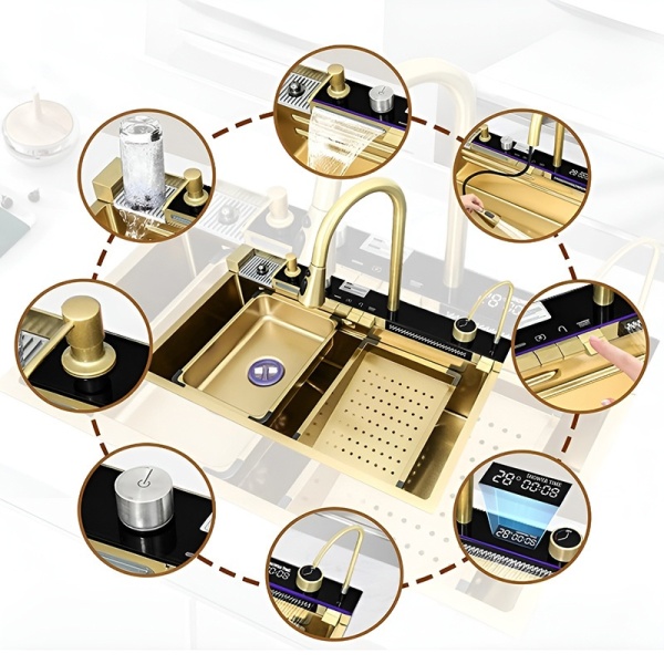 Chiuveta de bucatarie ARGOS Gold cu o singura cuva si cascada multifunctionala, Dimensiune 68x46cm - Img 3
