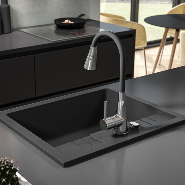 Chiuveta de bucatarie FERRO Mezzo II, Din granit, 58x48cm, O cuva, Culoare Grafit - Img 2