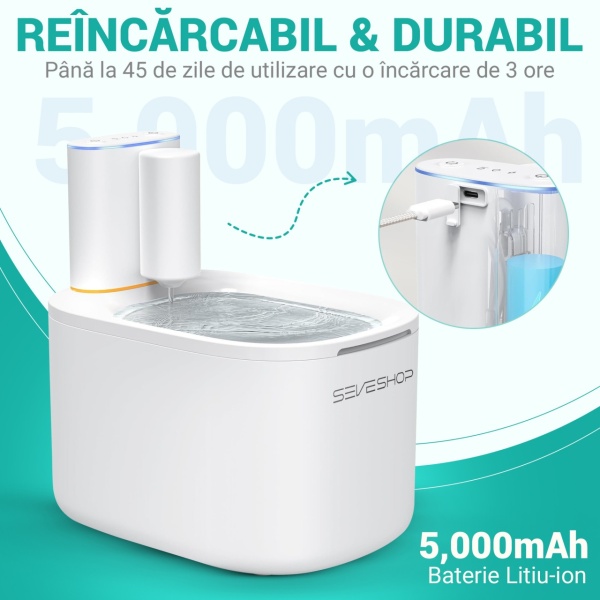 Dispenser apa automat SeveShop tip adapator fantana pentru pisici si caini, ultra silentios, 2 moduri fantana, sistem recirculare si filtrare carbon activ, 3,8 L, adaptor priza, alb - Img 2