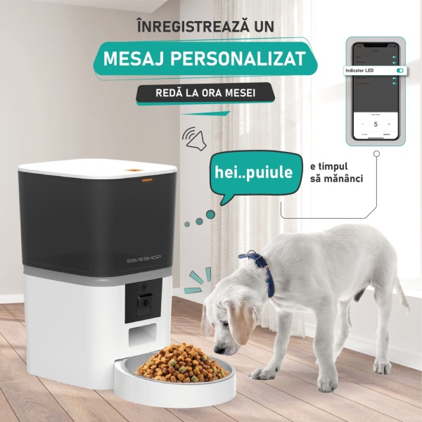 Hranitor automat SeveShop QQ009 WiFi, camera video, audio, vas inox, functie dozator caini sau pisici, functie adapator, sunet hranire, programabil, sursa alimentare dubla, 6L, aplicatie telefon, alb - Img 6