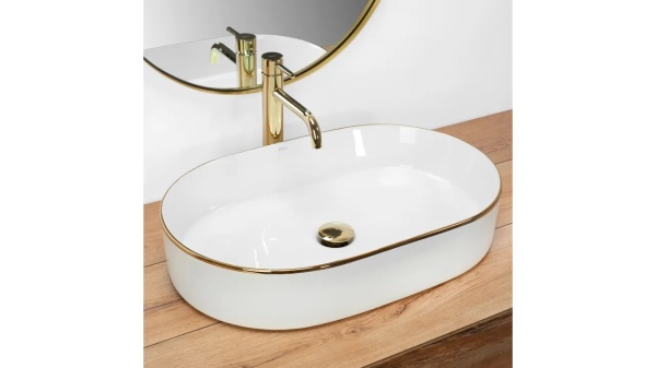 Lavoar ceramic pentru blat REA NADIA white gold edge - Img 6