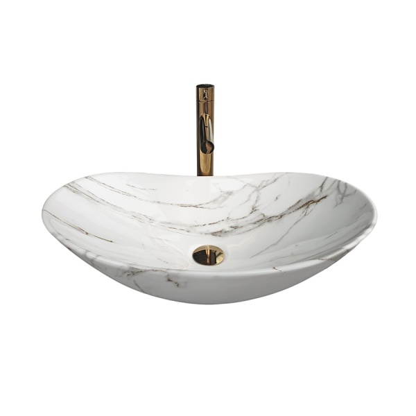 Lavoar De Blat PRO ZUZAN, Dimensiuni 60.5 X 36 X 15 Cm, Montaj Pe Blat, Design Deosebit, Forma Ovala, Ceramica Sanitara, Marmura/Gri - Img 3