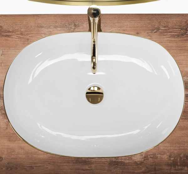 Lavoar De Blat REA CLEO ALB cu MARGINEA AURIE, Dimensiuni 60.5 X 41 X 14 Cm, Montaj Pe Blat, Forma Ovala, Ceramica Sanitara, Alb/Auriu - Img 2