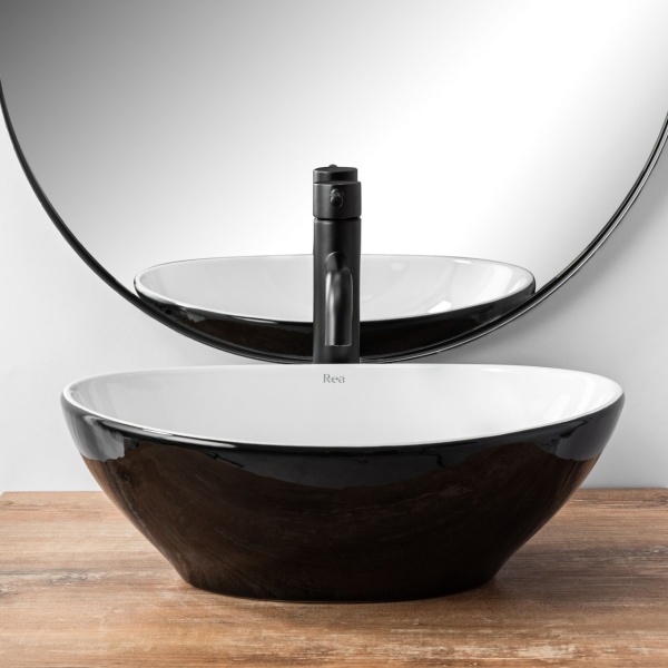 Lavoar De Blat REA SOFIA WHITE BLACK, Dimensiuni 41 X 34.5 X 15 Cm, Montaj Pe Blat, Design Deosebit, Forma Ovala, Ceramica Sanitara, Alb/Negru - Img 4