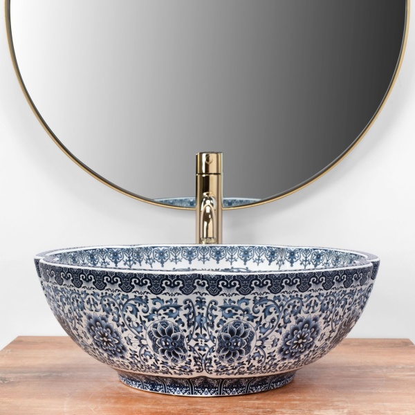 Lavoar de blat REA VIVIEN, 42.5x 42.5x 15 cm, Montaj Pe Blat, Design Deosebit, Forma Rorunda, Ceramica Sanitara, Alb/Albastru - Img 2