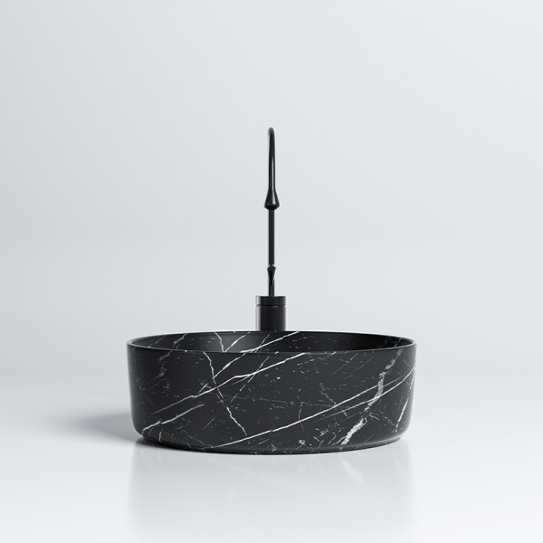 Lavoar pe blat, Fino, marmura ceramica negru cu model alb, Rotund 41,5cm - Img 8