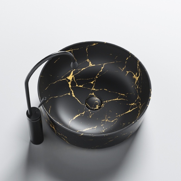 Lavoar pe blat, Fino, marmura ceramica negru cu model auriu, Rotund 41,5cm - Img 9