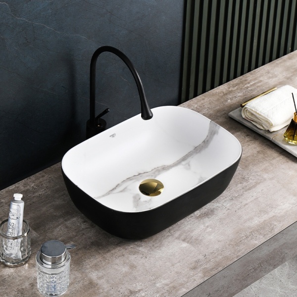 Lavoar pe Blat, Milo, Marmura Ceramica Alb cu Model Marmura Interior-Negru Mat Exterior , Dreptunghiular 45,5 x 32,5 x 13,5 cm - Img 6