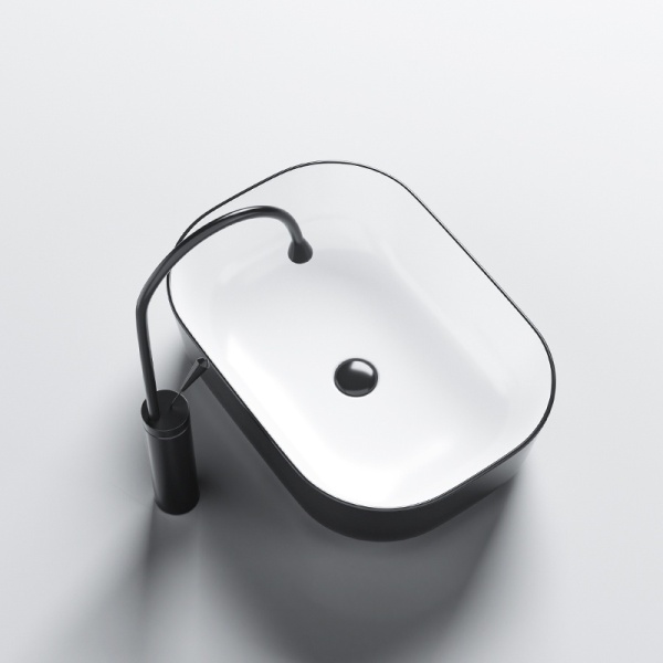 Lavoar pe Blat, Milo, Marmura Ceramica Alb Interior-Negru Exterior , Dreptunghiular 45,5 x 32,5 x 13,5 cm - Img 6