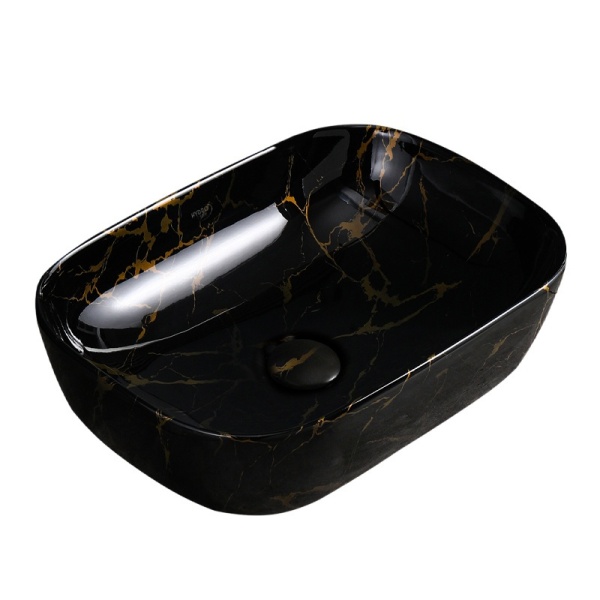 Lavoar pe Blat, Milo, Marmura Ceramica Negru Lucios cu Model Auriu , Dreptunghiular 45,5 x 32,5 x 13,5 cm - Img 3