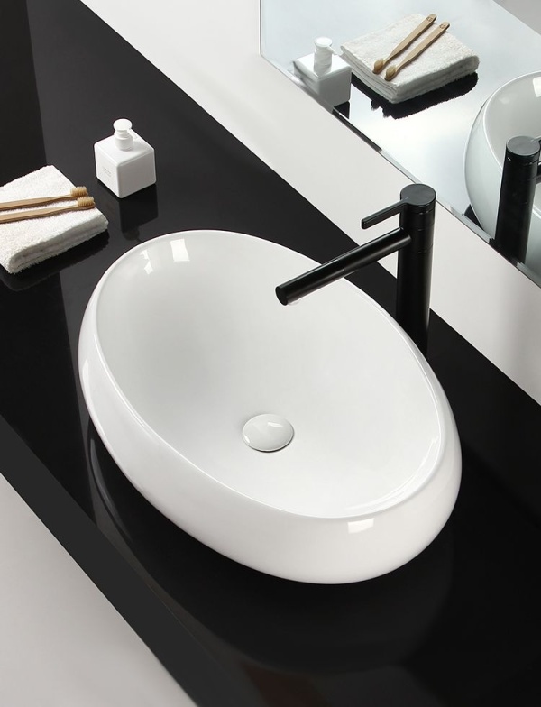 Lavoar REA MELANIA White, oval, 60x40.5 cm, montaj pe blat, ceramica sanitara, fara gaura baterie, Alba - Img 3