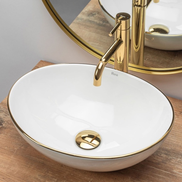 Lavoar REA Sofia Gold Edge, 41x34.5x15 cm, montaj pe blat, design deosebit, ceramica sanitara, Alb - Img 4