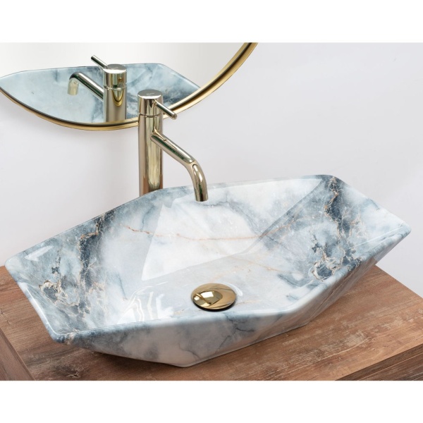 Lavoar REA VEGAS Granit Shiny, 57x37x12cm, montaj pe blat, design deosebit, ceramica sanitara, Gri - Img 2