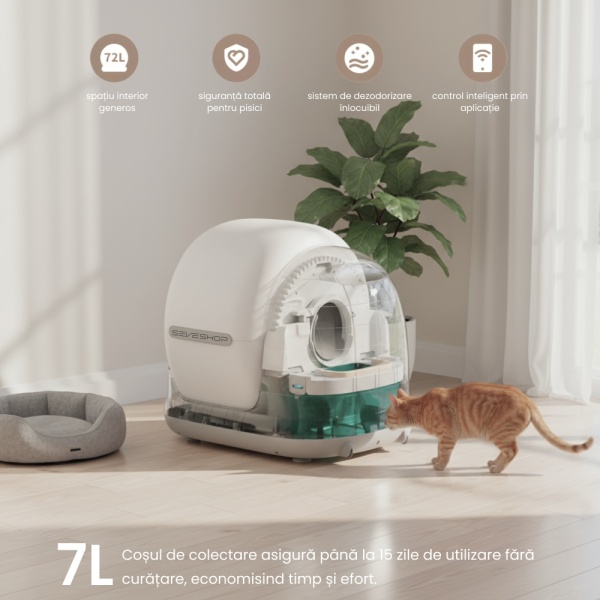 Litiera Automata Smart SeveShop, pentru Pisici, Auto-Curatare si Sterilizare Automata, Control prin Aplicatie Mobila, Afisaj LED cu Comenzi Intuitive, Functie de Curatare Usoara, Design Oval Modern, Capacitate 9L, Alb - Img 8