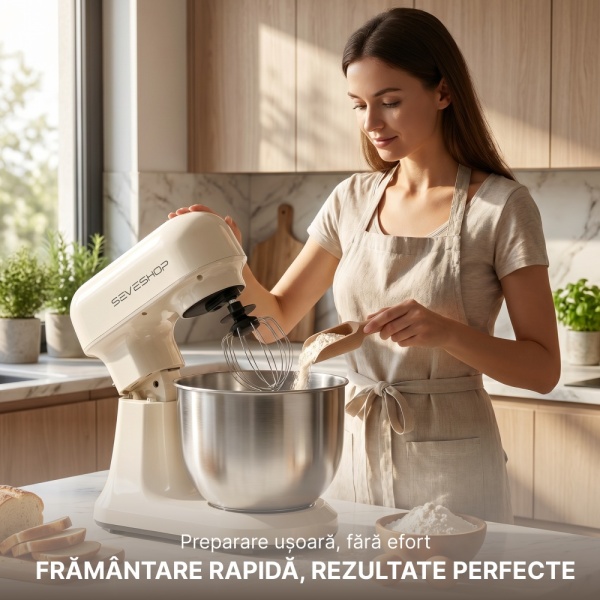 Mixer Cu Bol 4.7L SeveShop® Teendow, Din Inox, Mixer Profesional 1500W, 12 Trepte De Viteza, Mod Pulse, Cap Rabatabil, Accesorii Incluse Pentru Framantare, Mixare Si Batere, Mixer Bucatarie Pentru Aluat, Creme Si Deserturi, Culoare Alba - Img 5