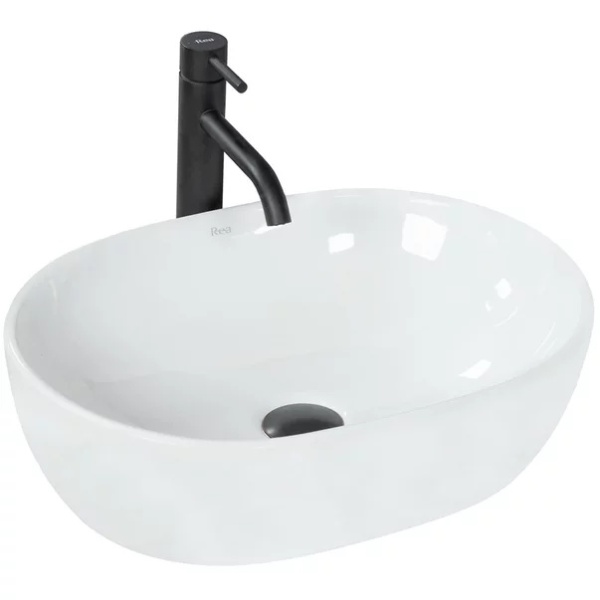 Pachet lavoar pe blat Rea Amelia alb 48 cm, baterie lavoar Ideal Standard Ceraline negru si ventil lavoar Click-Clack negru - Img 8