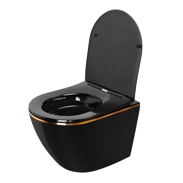 Vas WC REA CARLO MINI RIMLESS, Montaj Suspendat, Ceramica Sanitara, Capac DUROPLAST FLAT Soft-Close Inclus, Negru/Auriu - Img 3