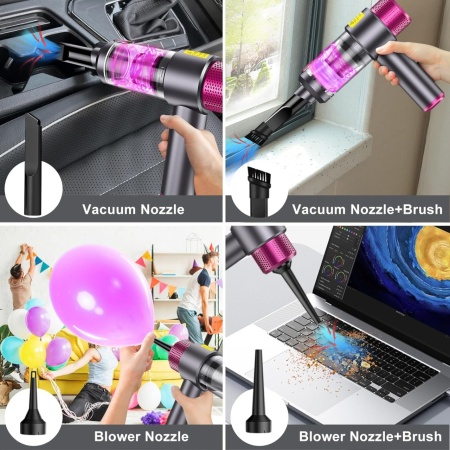 Aspirator auto 4 in 1 ODISSEY LIFE®, Turbo Duster, 12000PA, 120W, baterie 4000mAh, reancarcabil, functii aspirare, suflare si vidare, filtru HEPA, magenta - Img 7