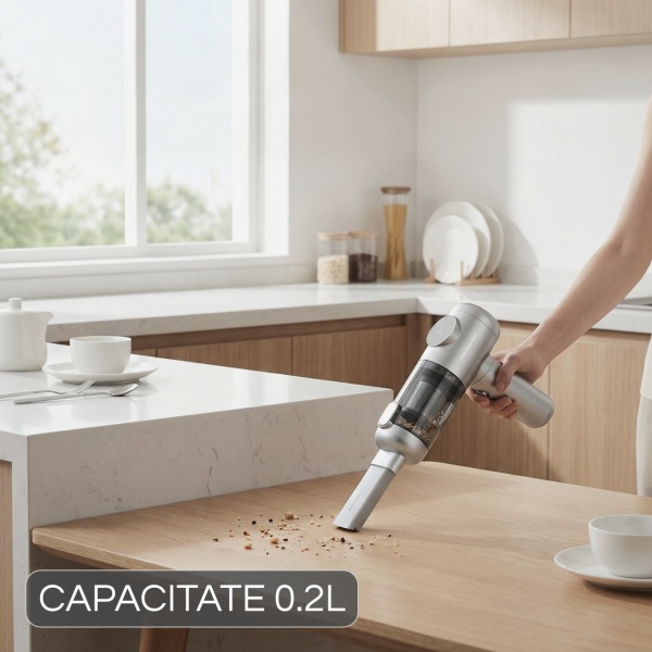 Aspirator Mana Portabil, SeveShop®, Aspirator Fara Fir Wireless, Aspirator Portabil Cu Filtru HEPA, Putere 100W, 7.4V, Autonomie 30–60 Min, Aspirator Mana Cu Capacitate 0.2L, Ideal Pentru Casa Birou Si Masina, Compact Si Usor, Curatare Wet &amp; Dry, Argintiu - Img 4