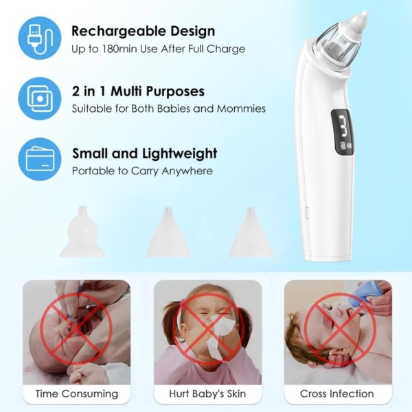 Aspirator nazal pentru copii si bebelusi NeoSimply®, Portabil, 3 Viteze de aspiratie, Muzica, Lumina, Alb - Img 4
