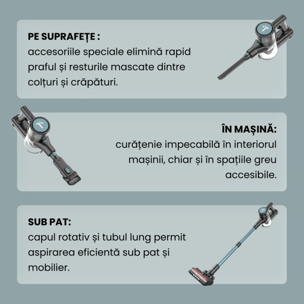 Aspirator Vertical, SeveShop®, P11 Pro 4 in 1 cu Putere 30000Pa, Motor 250W, Filtrare in 5 Etape cu HEPA Lavabil, Autonomie 50 Minute, Baterie Detasabila 22.2V, Perie cu LED, Sistem Anti-Incurcare, Capacitate 450ml, Tehnologie Cyclone, 1210x250x200 mm, Ve - Img 6