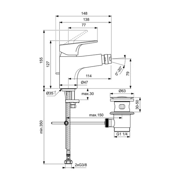 Baterie bideu Ideal Standard Cerabase crom cu ventil Pop-Up metalic - Img 2