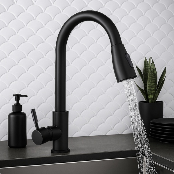 Baterie de bucatarie monocomanda cu montaj pe blat Selena neagra cu gat extensibil - Img 4