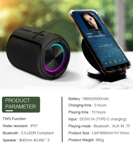 Boxa Portabila SeveShop E10, Rezistenta la Apa IPX67, Conectivitate Bluetooth 5.0, Sunet Clar si Puternic, Design Compact si Portabil, Autonomie Extinsa, Ideala pentru Activitati in Aer Liber, Petreceri, Relaxare Acasa sau la Piscina, Negru Electric - Img 6