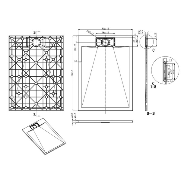 Cadita de dus MIKO Slim, Structura de piatra 110x80cm, Culoare Alb - Img 10