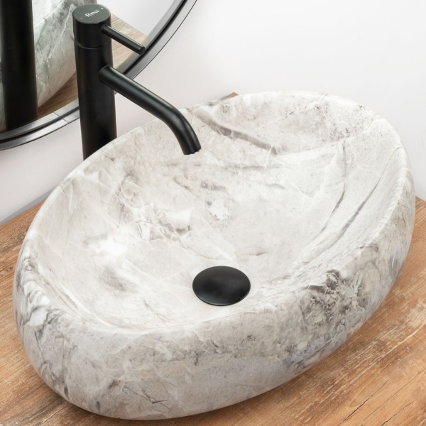 Chiuveta de blat REA LINDA STONE, Dimensiuni 48 cm x 34 x 14.5 cm, Ceramica Sanitara,fara gaura baterie, Imitatie Marmura - Img 3