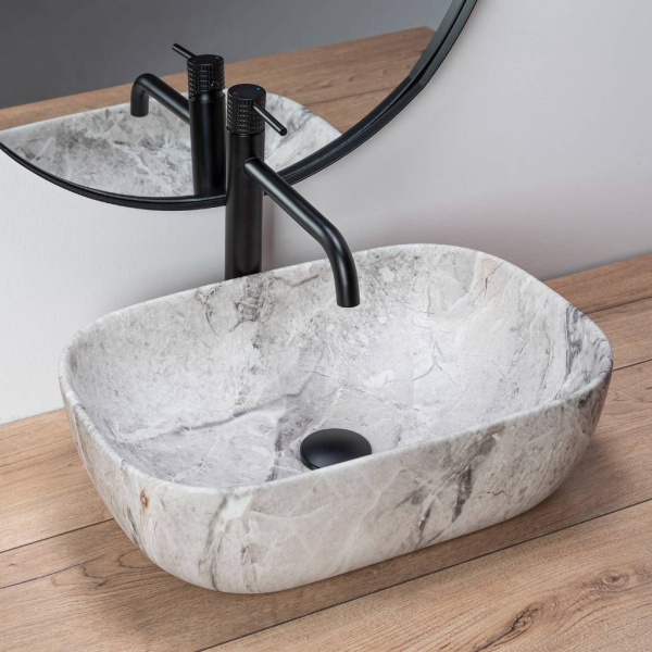 Chiuveta de blat REA LIVIA STONE, Dimensiuni 46.5 cm x 33 x 13.5 cm, Ceramica Sanitara,Imitatie marmura, Alb/Negru - Img 3