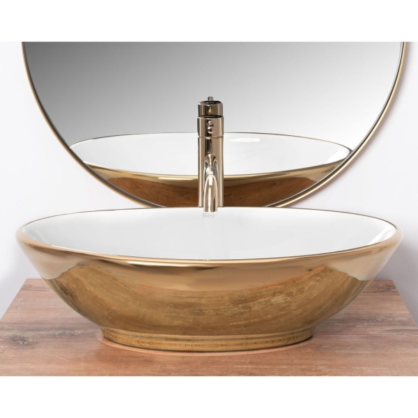 Chiuveta de blat REA PAMELA Gold, Dimensiuni 53 cm x 33 x 15 cm, Ceramica Sanitara,fara gaura baterie, Auriu - Img 4