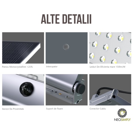 Lampa Solara LED Portabila de Exterior, Neosimply Camping, 1000 lumeni, 21 OSRAM LEDs, 4 Moduri de utilizare, cu senzor de proximitate si panou solar detasabil prin cablu de 4 Metri - Gri Antracit - Img 6