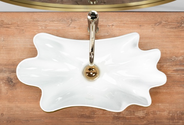 Lavoar De Blat REA INFINITY WHITE GOLD, Dimensiuni 62 X 33 X 11.5 Cm, Montaj Pe Blat, Design Deosebit,Ceramica Sanitara, Alb / Auriu + Dop Click-Clack - Img 5