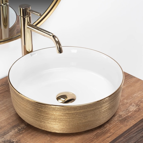 Lavoar De Blat REA SAMI WHITE BRUSH GOLD, Dimensiuni 36 X 36 X 11.5 Cm, Forma Rotunda, Ceramica Sanitara, Alb/Auriu - Img 5