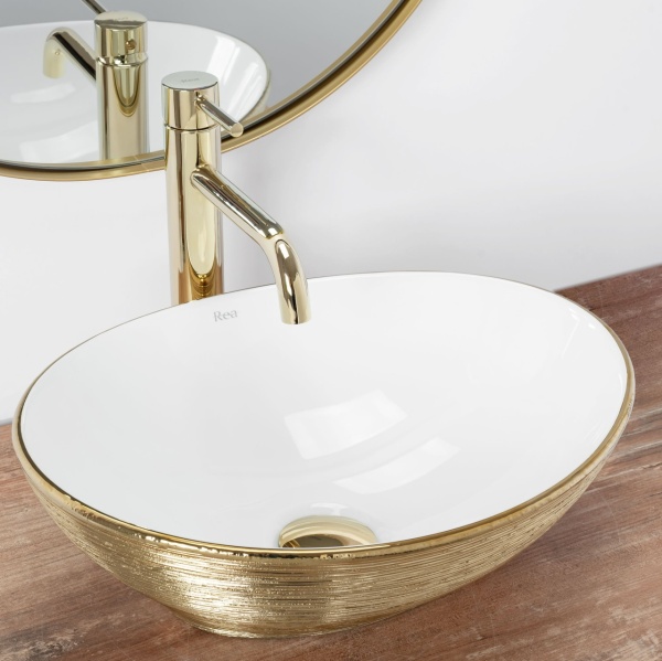 Lavoar De Blat REA SOFIA BRUSH GOLD, Dimensiuni 41 x 34.5 x 15 Cm, Montaj Pe Blat, Design Deosebit, Forma Ovala, Ceramica Sanitara, Alb/Auriu - Img 6