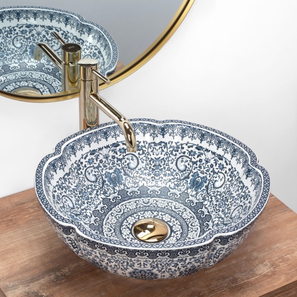 Lavoar de blat REA VIVIEN, 42.5x 42.5x 15 cm, Montaj Pe Blat, Design Deosebit, Forma Rorunda, Ceramica Sanitara, Alb/Albastru - Img 9