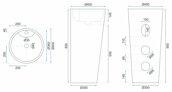 Lavoar Independent REA BLANK, Dimensiuni 41 x 41 X 84 Cm, Forma Rotunda, Cu Gaura Baterie, Alb - Img 2