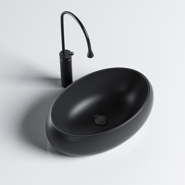 Lavoar pe blat, Cari, marmura ceramica negru mat, Oval 50x31x15cm - Img 4