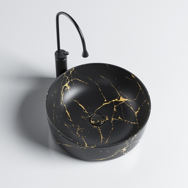 Lavoar pe blat, Fino, marmura ceramica negru cu model auriu, Rotund 41,5cm - Img 6