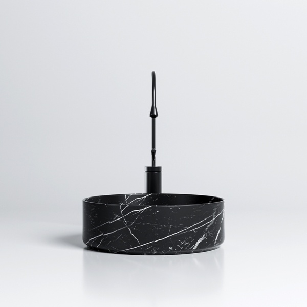 Lavoar pe blat, Lava, marmura ceramica negru cu model alb, Rotund 36cm - Img 7