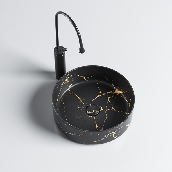Lavoar pe blat, Lava, marmura ceramica negru cu model auriu, Rotund 36cm - Img 8