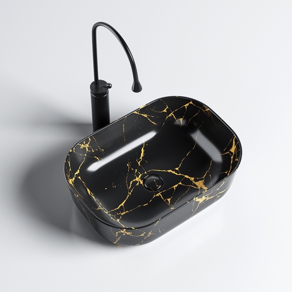 Lavoar pe Blat, Milo, Marmura Ceramica Negru Lucios cu Model Auriu , Dreptunghiular 45,5 x 32,5 x 13,5 cm - Img 10