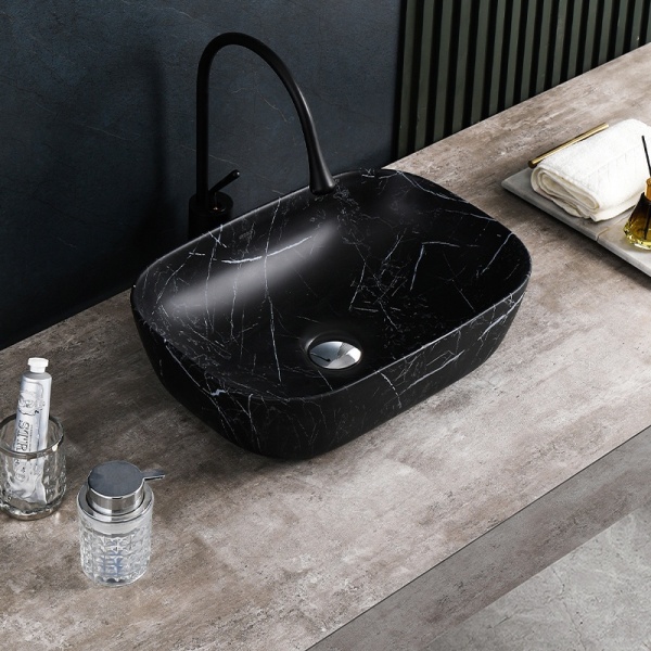 Lavoar pe Blat, Milo, Marmura Ceramica Negru Mat cu Model Alb , Dreptunghiular 45,5 x 32,5 x 13,5 cm - Img 4