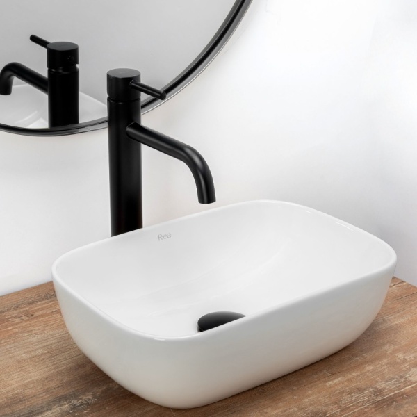 Lavoar REA Belinda MIni, 37x25.5 Cm, Montaj Pe Blat, Design Deosebit, Ceramica Sanitara, Alba - Img 4