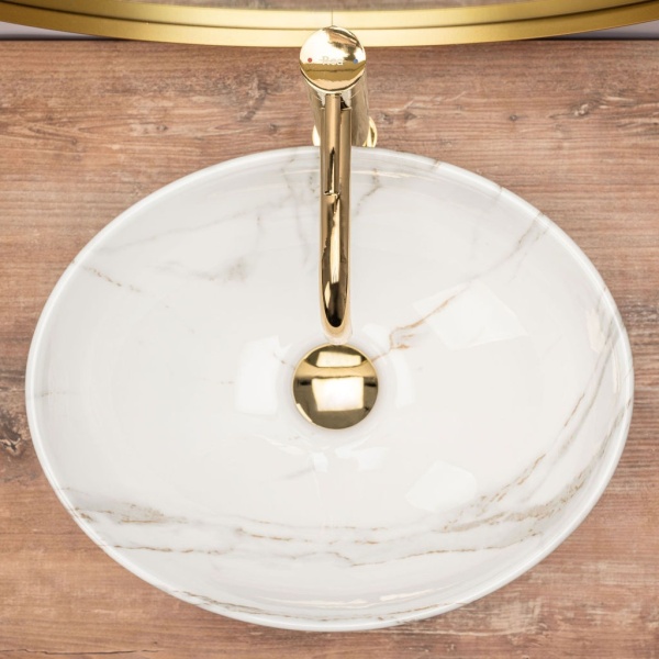 Lavoar REA Sofia AIAX Shiny, 41x34.5x15 cm, montaj pe blat, design deosebit, ceramica sanitara, Imitatie Marmura - Img 6